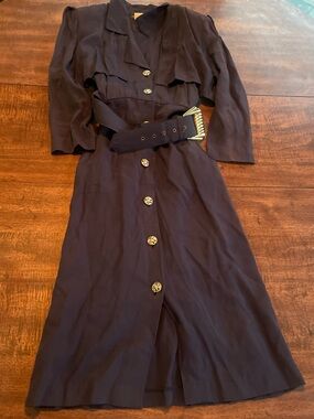 Vintage Positive Influence Navy Belted Midi Dress USA Art Deco Buttons Size 6